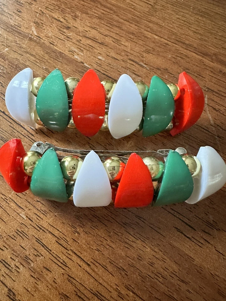 "Par de pasadores de pelo MCM rojo verde blanco plástico y metal Corea 3,5"" de colección años 70" Foto 2 de 4