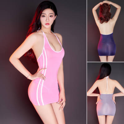 Women's See Through Lingerie Backless Bodycon Mini Dress Halter Club Party Dress