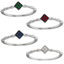 Sterling Silver Wave Design Square Ring w/ Colored Cubic Zirconia Stones