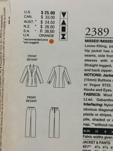 Vogue 2389 Misses'/Miss Petite Jacket and Pants 12, 14, 16 Anne Klein UNCUT - Picture 7 of 8