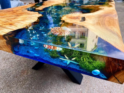 Custom Blue Epoxy Resin River Table with Shells – Dining, Coffee, Side Use