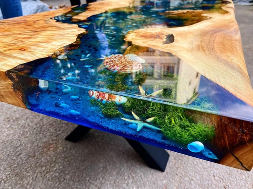 Custom Made Blue Epoxy Dining Table with Shells Resin River Coffee/Side Table - Afbeelding 1 van 12