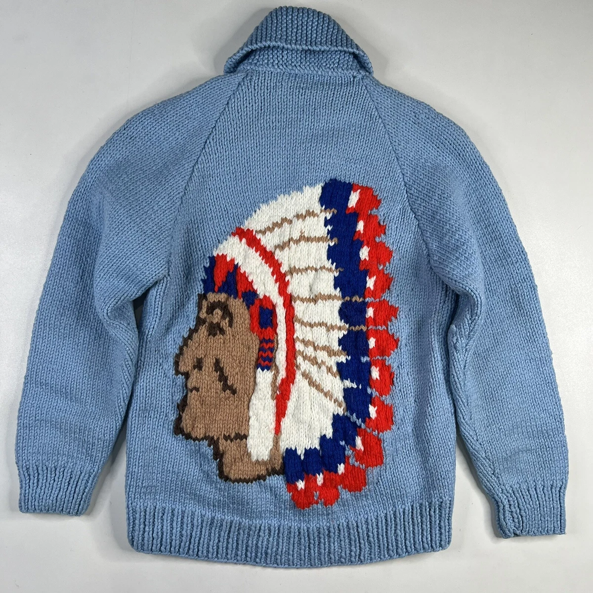 VINTAGE COWICHAN SIWASH SWEATER WOOL CHIEF NATIVE AMERICAN DESIGN BLUE