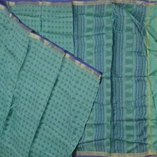 Vintage Teal Sarees 100 Pure Silk Printed Zari Border Sari 6YD Craft Fabric