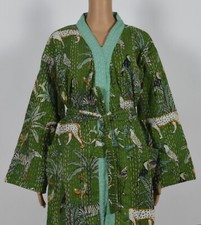 Green Long Indian Handmade Kantha Quilt Jacket Women Party wear Stylish Coat Art