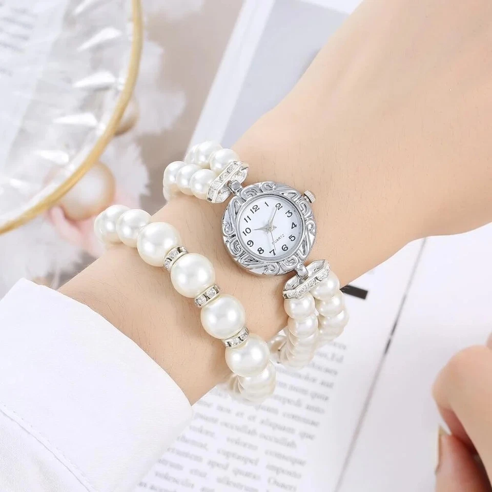 Perlen Schmuckset Uhr Kette Armband Ohrringe Weiß 4-Teile Braut Geschenk Set Box - Bild 4 von 4