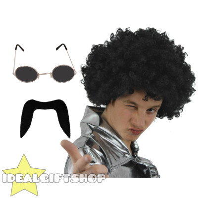 70er MANN SET SCHWARZ AFRO PERÜCKE SCHNURRBART SCHWARZ BRILLE DISCO KOSTÜM 70er