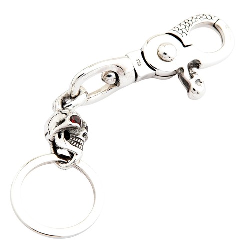 Garnet Eye 925 Sterling Silver Skull Biker Key Chain Gothic Accessories Mens New - Picture 5 of 6
