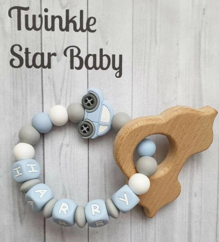 Personalised Silicone Teether BPA free. Baby Babies Teething Ring Dummy Car Blue