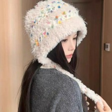 Lady Plush Ear Protection Hat Beanies Strap Cap Knit Hat Warm Ethnic Casual Chic