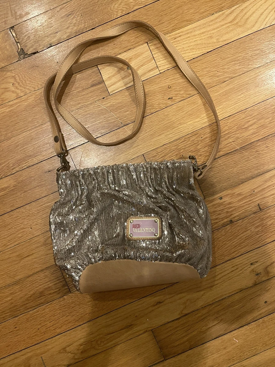 Vtg Red Valentino Light Brown/Metallic Gold Sequin and Leather Bow  Crossbody Bag