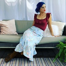 1990s Vintage Skirt S/M High Waisted Pastel Blue Floral Trumpet Hem Midi Maxi