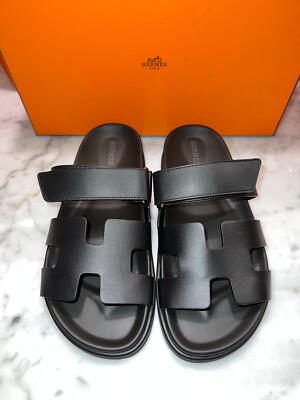 HERMES H CHYPRE BLACK CALFSKIN LEATHER SANDALS SHOES FLAT SLIDES 38 NIB