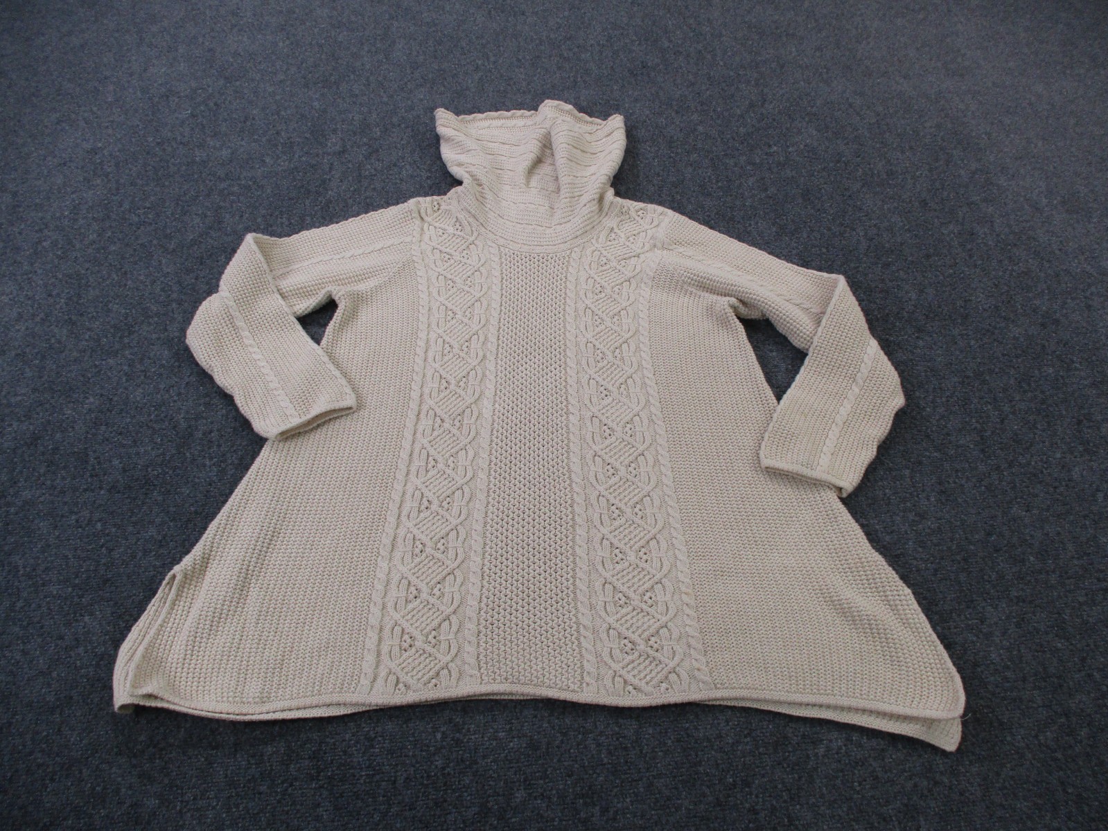 Jeanne Pierre Sweater Womens 1X Beige Cable Knit Cowl Neck Stretch Pullover Long