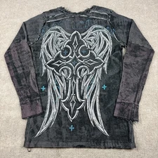 Y2K Affliction Reversible Shirt Men S Distressed Waffle Knit Cross Wing Grunge