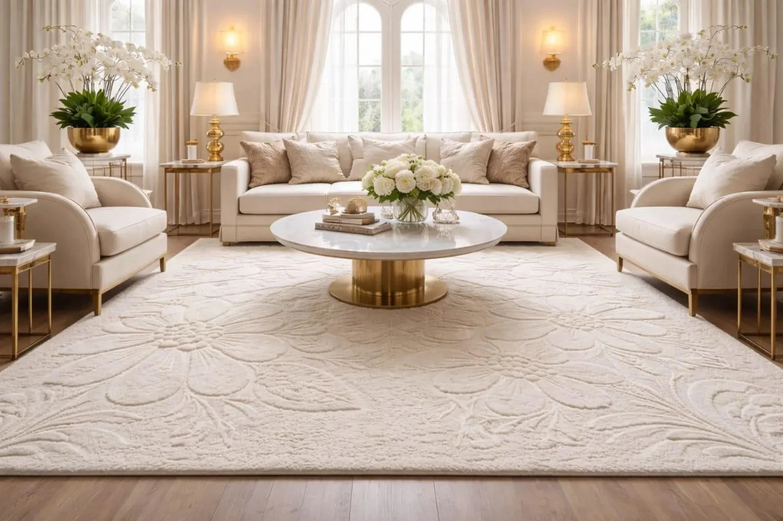 Hand Tufted Wool Rug Ivory Floral High-Low Pile Modern Textured Handmade Carpet