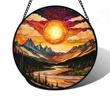 Stained Glass Window Hanging, Dusk Sunset Landscape Sun Catchers Glass Panel ...