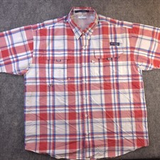 Columbia Pfg Super Bahama Shirt Large Red Blue Plaid Short Sleeve Vented Fishing