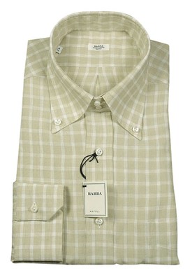 Barba Napoli Beige Check Linen Shirt - Slim - L US/L EU - (BN2489)