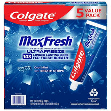 5 PK Colgate MaxFresh Toothpaste with Mini Breath Strips Cool Mint 7.3 Oz 04/28