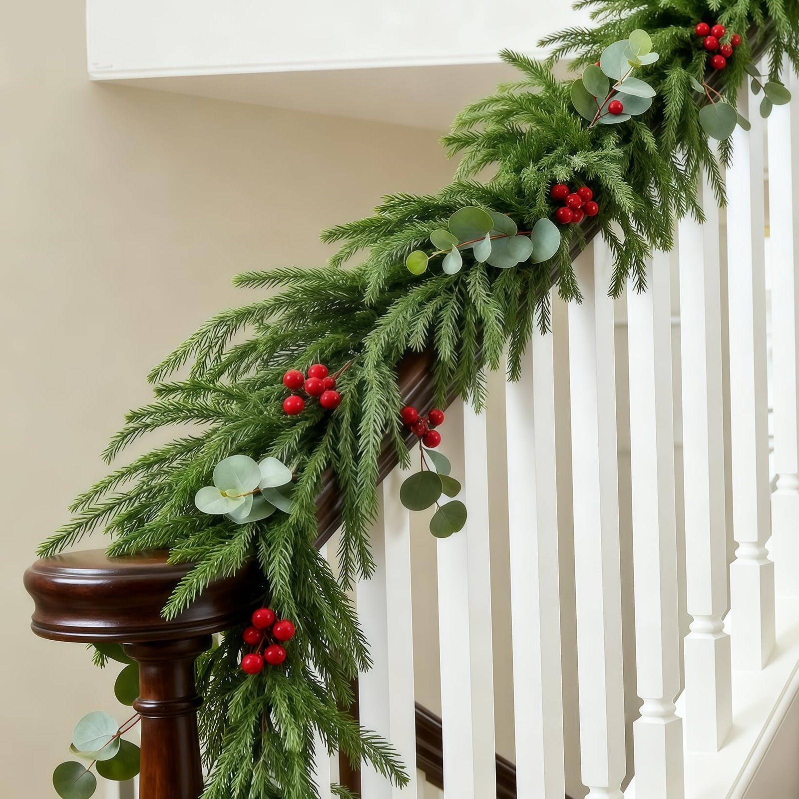 9FT Christmas Garland with Lights, Battery Operated Garland with Red Berries ...