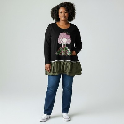New SGYY 4XL Black Sequins Embellished Embrace Long Sleeve Mixed Media Top Shirt