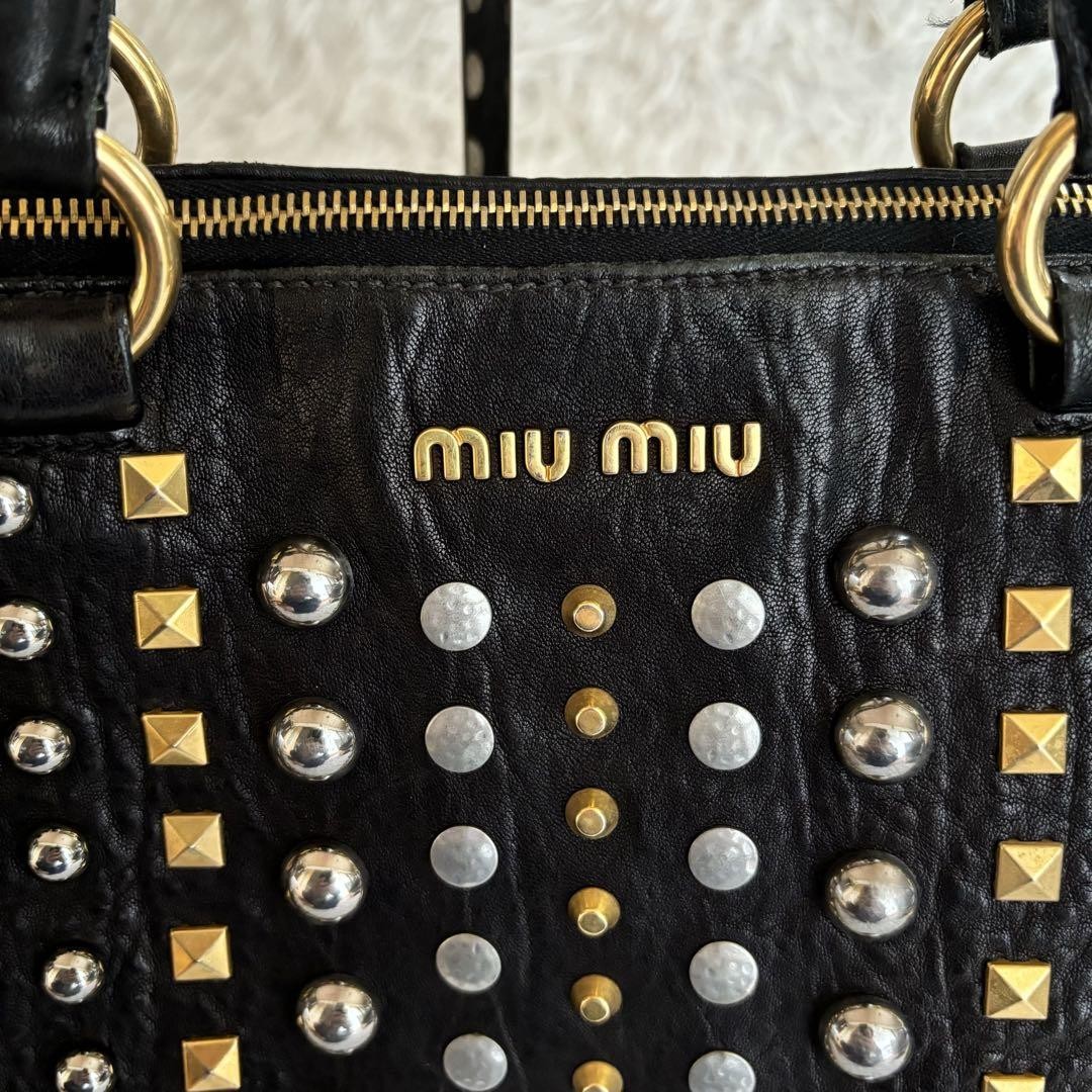 MIU MIU Studded 2Way Tote Shoulder Bag Black Leather Large A4
