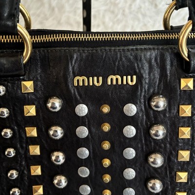 MIU MIU Studded 2Way Tote Shoulder Bag Black Leather Large A4