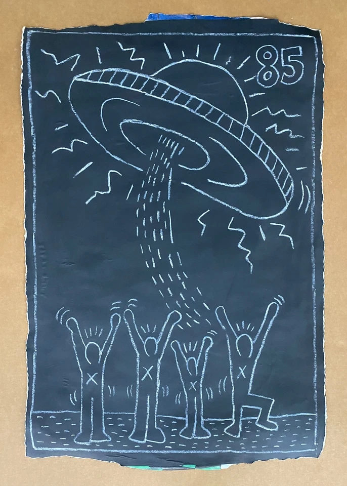 РЕДКИЙ рисунок большого мела в рамке Keith Haring NYC Subway 1980-е на черной бумаге - Изображение 2 из 4