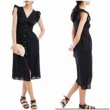 J CREW RUFFLE SLEEVE EYELET BLACK MIDI DRESS Cotton Pockets Lined Sz 00