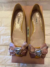 MIU MIU Open Toe Ribbon Stone Ballet Shoes Enamel Satin Yellow Pink EU35.5/US5.5