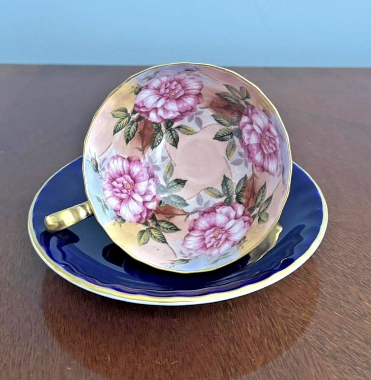 AYNSLEY Bone China 4 CABBAGE ROSE CUP & SAUCER Cobalt Blue Made In England