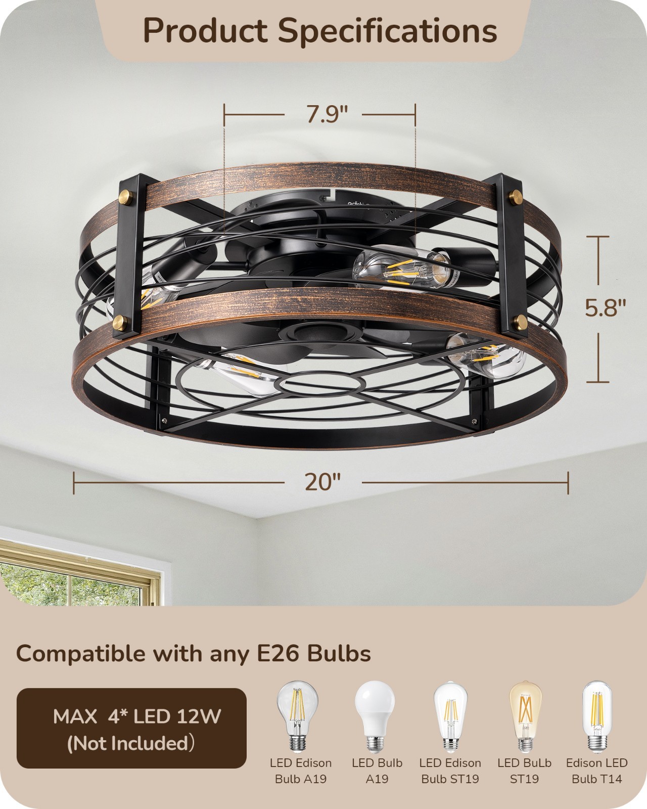 EDISHINE Rustic Caged Ceiling Fan w Light Kit Remote Control for Kitchen Bedroom