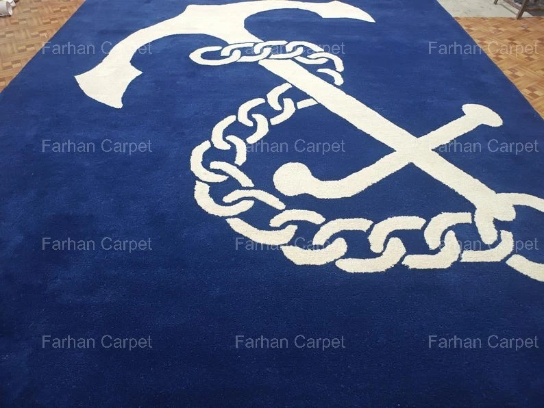 Modern - Nautical Design Hand Tufted- Wool Area Rug – Blue & White Anchor Chain. - Image 3 of 4