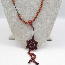 Vintage Y2K Wooden Beaded Dharma Wheel Pendant Necklace Boho Women's Jewelry 90s
