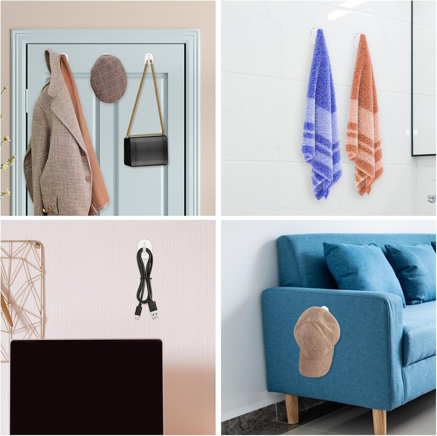 30 Pcs Clear Adhesive Wall Hooks for Hanging, Heavy Duty Removable Hooks, Plasti