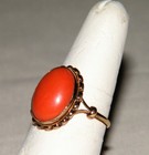 Antique Vtg 18K Yellow GOLD NATURAL ORANGE CORAL RING Oval Cabochon Solitaire — photo 4
