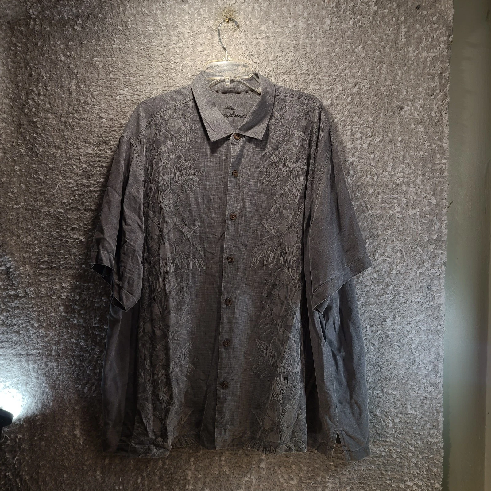 Tommy Bahama Men Silk Button Up Short Sleeve Gray Floral Print Shirt 2XLB
