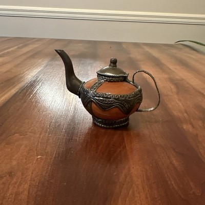 Antique Small Hand Carved Pottery Copper Tea Kettle Pot Gift Souvenir