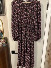 Max Studio Black Floral Vine V-Neck Smocked Waist Tiered Dress Woman’s SZ M