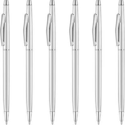 6 Pcs Silver Slim Mental Ballpoint Pens Medium Point(1 Mm) - Black , Nice Gift f