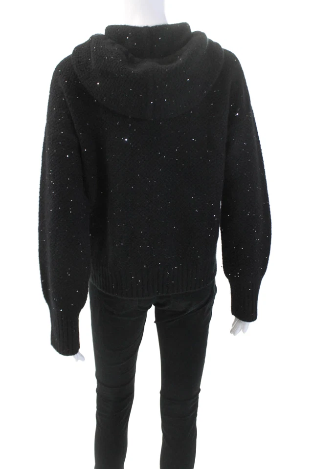 Otoño Cachemira Mujer Pullover Lentejuelas Cachemira Tejido Sudadera con Capucha Suéter Negro XS Foto 3 de 4