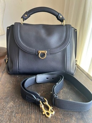 Salvatore Ferragamo Sofia L Gancini Large Black Leather Shoulder Bag Gold Auth