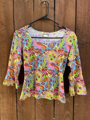 VTG Rave City 70s Vibrant Psychedelic Groovy Maximalist 3/4 Bell Sleeve Top Sz L