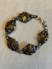 Statement Bracelet Rubies And Emeralds Silver And Gold Color In Sterling 8.5"