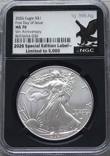 2026 AMERICAN SILVER EAGLE 5TH ANNIVERSARY TYPE 2 REVERSE NGC MS70 FDOI