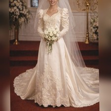 Unbranded Vintage 80s Ivory Satin Sequin Lace Long Sleeve Wedding Dress sz 8