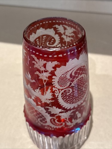 Antique Bohemian Ruby Red Glass Vase , Ribbed Base ,animals - Picture 3 of 6