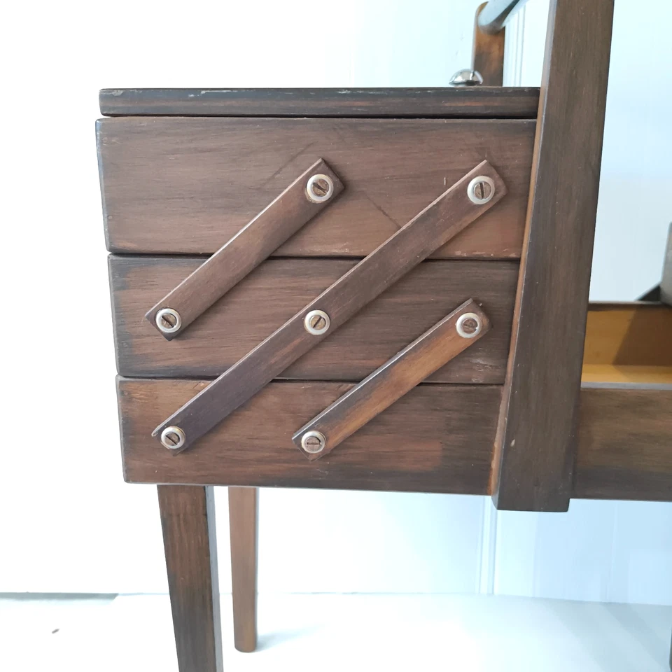 Vintage Sewing Box 3 Tier Cantilevered Wooden 6 Compartments Handcrafted - image 4 of 4