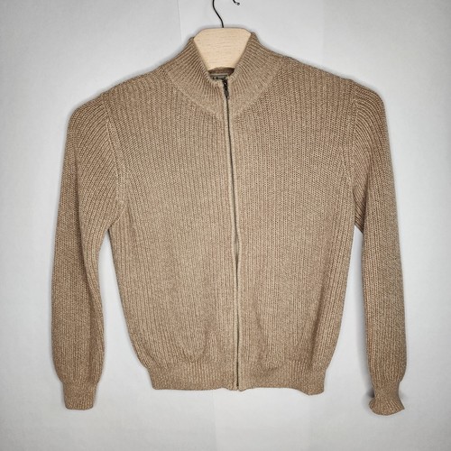 LL Bean Mens Full Zip Ribbed Chunky Sweater Beige Brown Size M Cotton Mock Neck - Picture 5 of 7